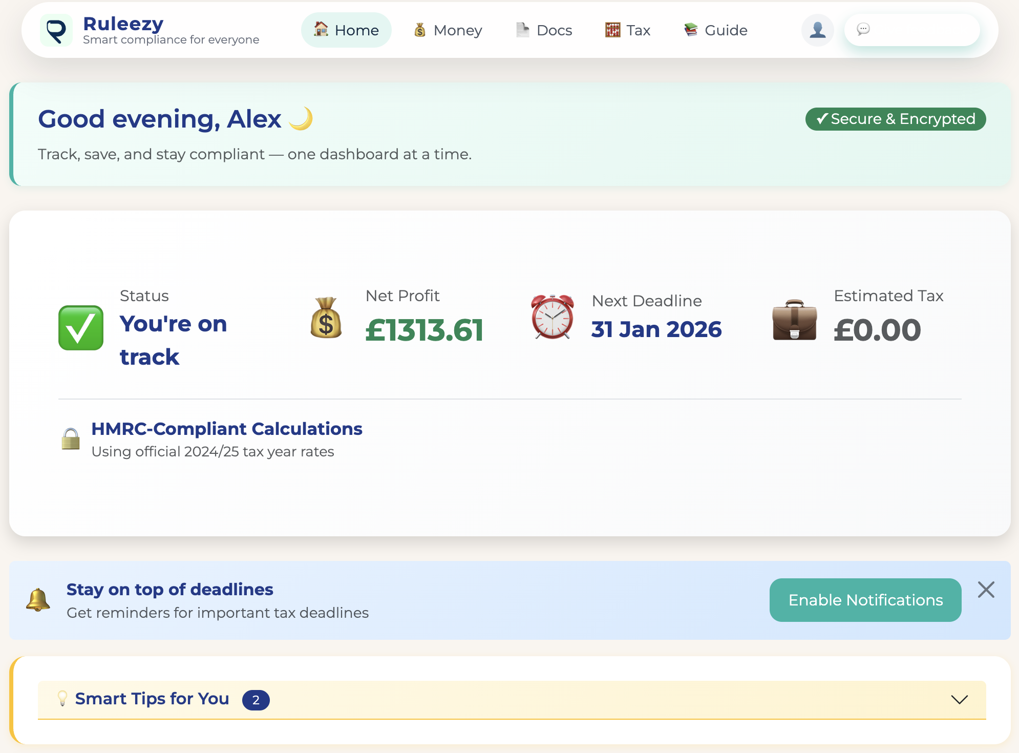 Ruleezy dashboard showing status, net profit, next deadline, and estimated tax