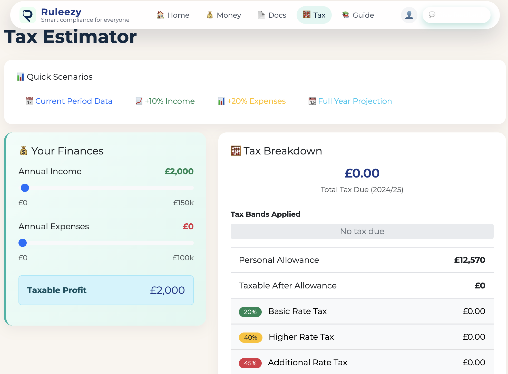 Tax summary showing estimated HMRC-style calculation